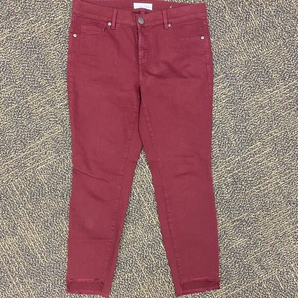 Ann Taylor Loft Wine Red Denim Modern Skinny Cropped Jeans w/ Raw Hem - Picture 3 of 9